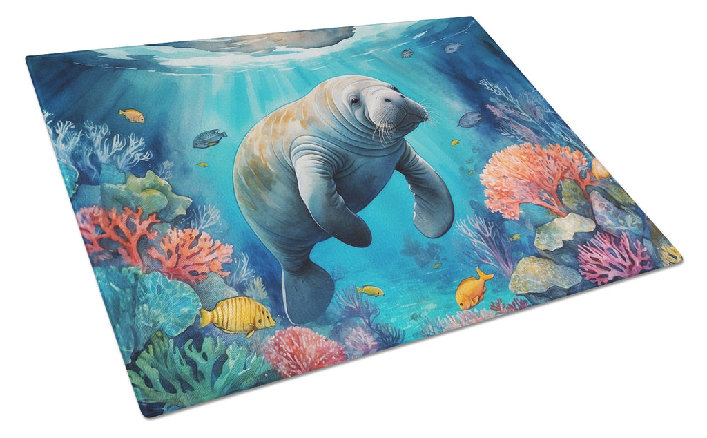Manatee and Coral Reefs Cutting Board Tempered Glass Kitchen Cutting Surface, Heat Resistant Chopping, Non-Slip Feet, Food Prep & Serving