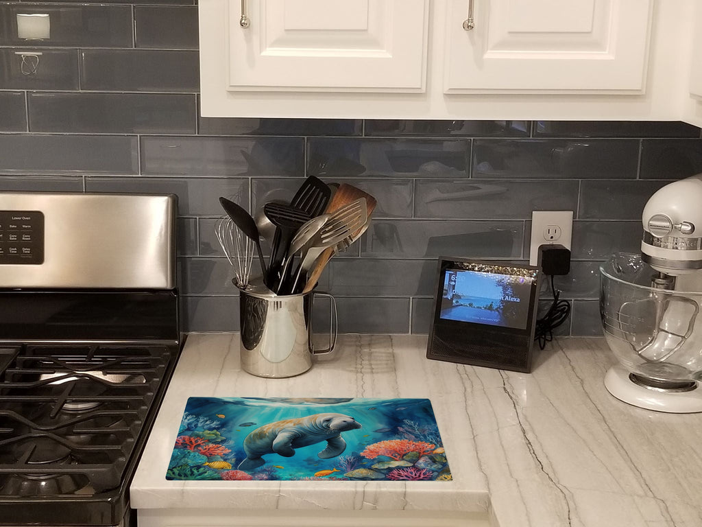 Manatee and Coral Reefs Cutting Board Tempered Glass Kitchen Cutting Surface, Heat Resistant Chopping, Non-Slip Feet, Food Prep & Serving