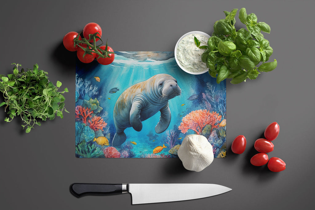 Manatee and Coral Reefs Cutting Board Tempered Glass Kitchen Cutting Surface, Heat Resistant Chopping, Non-Slip Feet, Food Prep & Serving