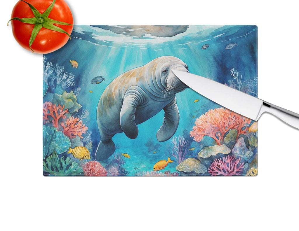 Manatee and Coral Reefs Cutting Board Tempered Glass Kitchen Cutting Surface, Heat Resistant Chopping, Non-Slip Feet, Food Prep & Serving