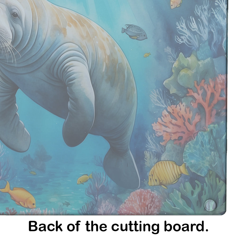 Manatee and Coral Reefs Cutting Board Tempered Glass Kitchen Cutting Surface, Heat Resistant Chopping, Non-Slip Feet, Food Prep & Serving