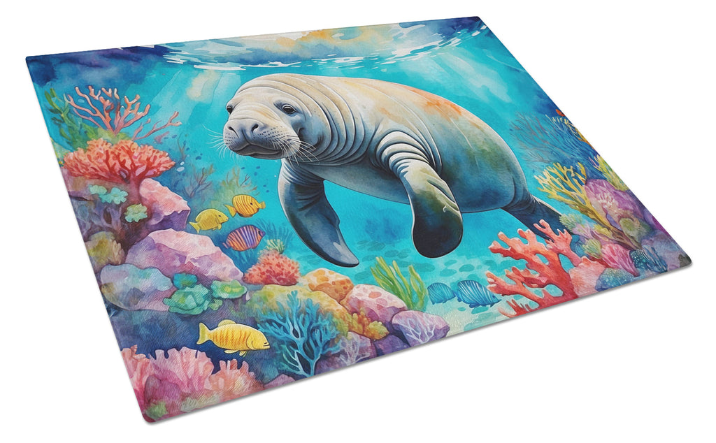 Manatee and Coral Reefs Cutting Board Tempered Glass Kitchen Cutting Surface, Heat Resistant Chopping, Non-Slip Feet, Food Prep & Serving