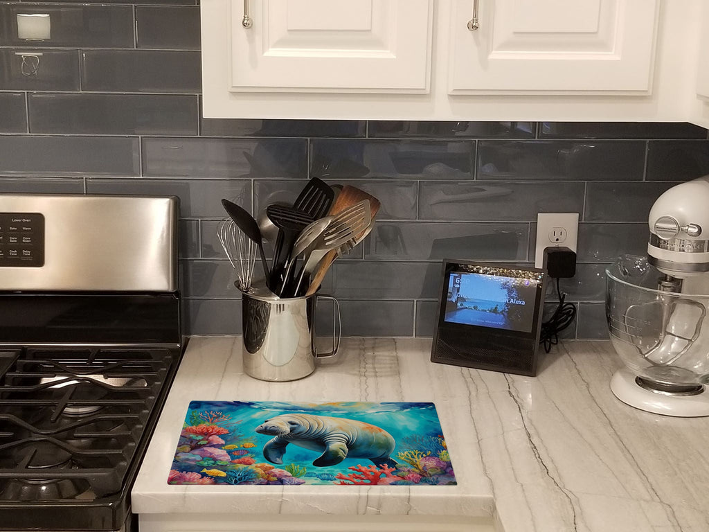 Manatee and Coral Reefs Cutting Board Tempered Glass Kitchen Cutting Surface, Heat Resistant Chopping, Non-Slip Feet, Food Prep & Serving