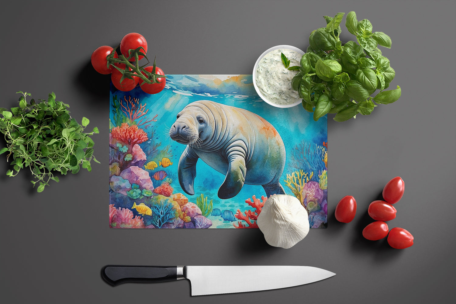 Manatee and Coral Reefs Cutting Board Tempered Glass Kitchen Cutting Surface, Heat Resistant Chopping, Non-Slip Feet, Food Prep & Serving
