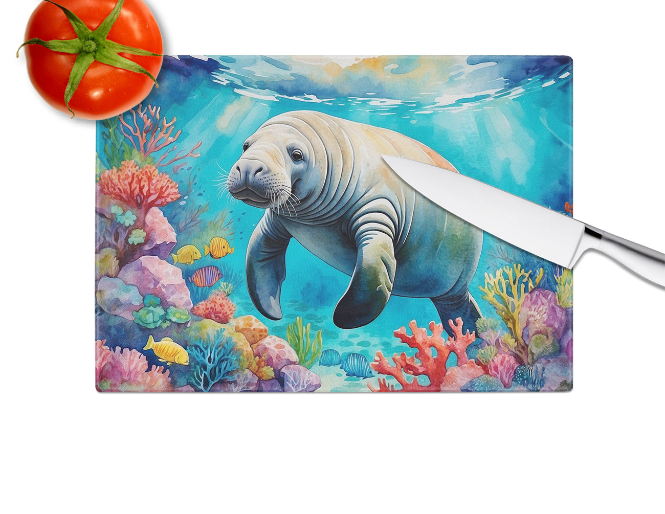 Manatee and Coral Reefs Cutting Board Tempered Glass Kitchen Cutting Surface, Heat Resistant Chopping, Non-Slip Feet, Food Prep & Serving