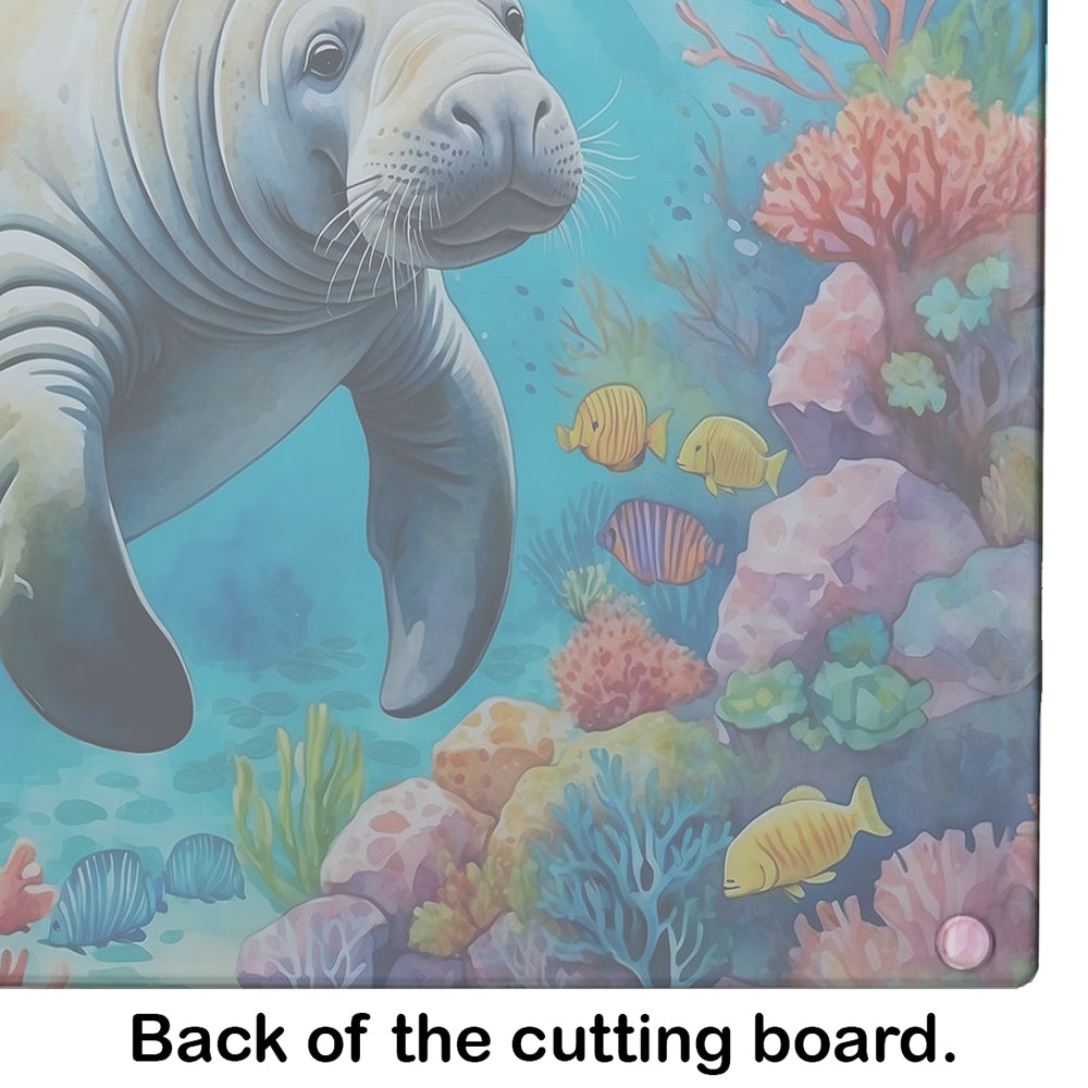 Manatee and Coral Reefs Cutting Board Tempered Glass Kitchen Cutting Surface, Heat Resistant Chopping, Non-Slip Feet, Food Prep & Serving
