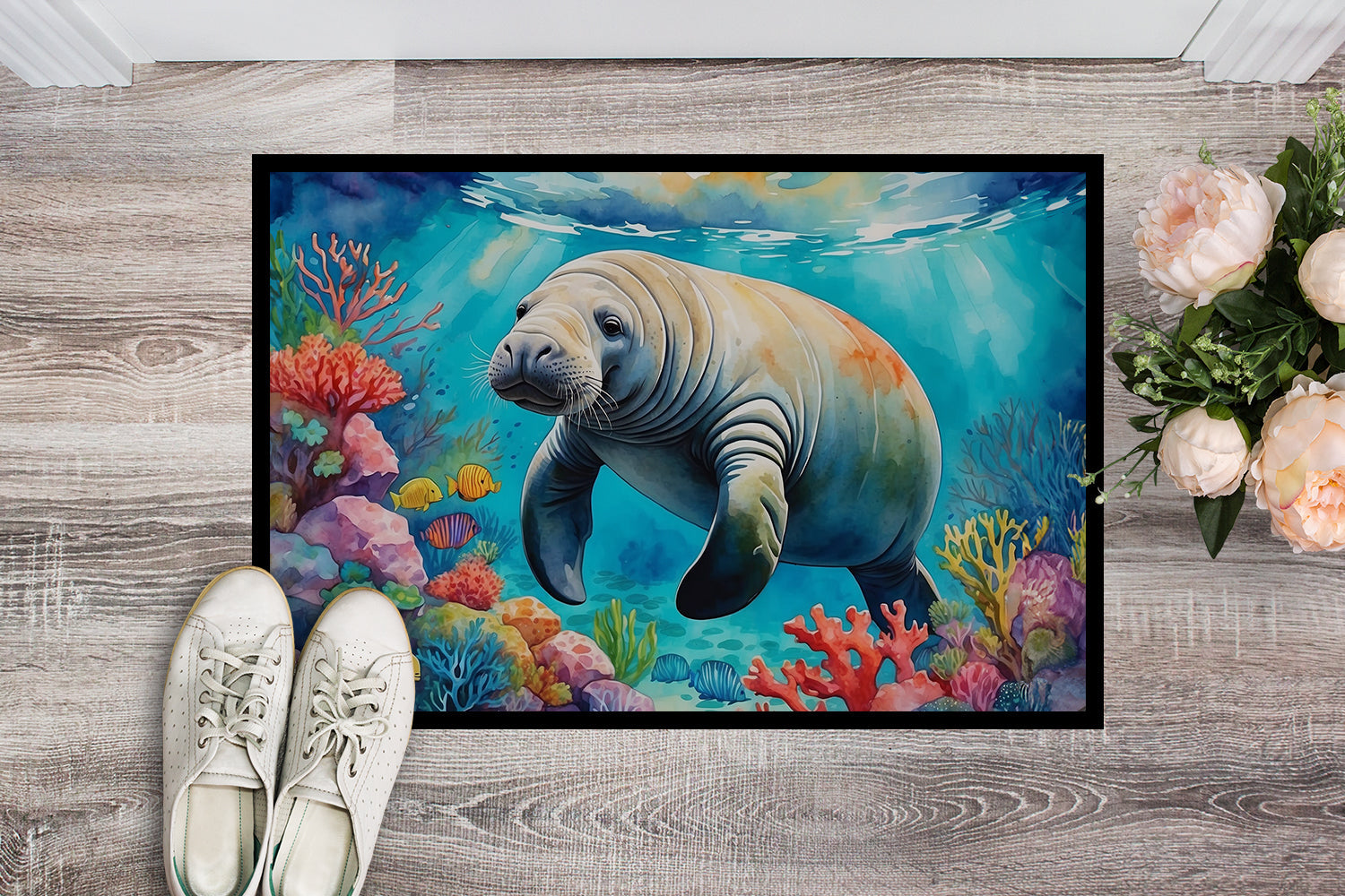 Manatee and Coral Reefs Doormat Indoor Outdoor 18H X 27W Front Door Mat Rugs for Entryway, Non Slip Washable