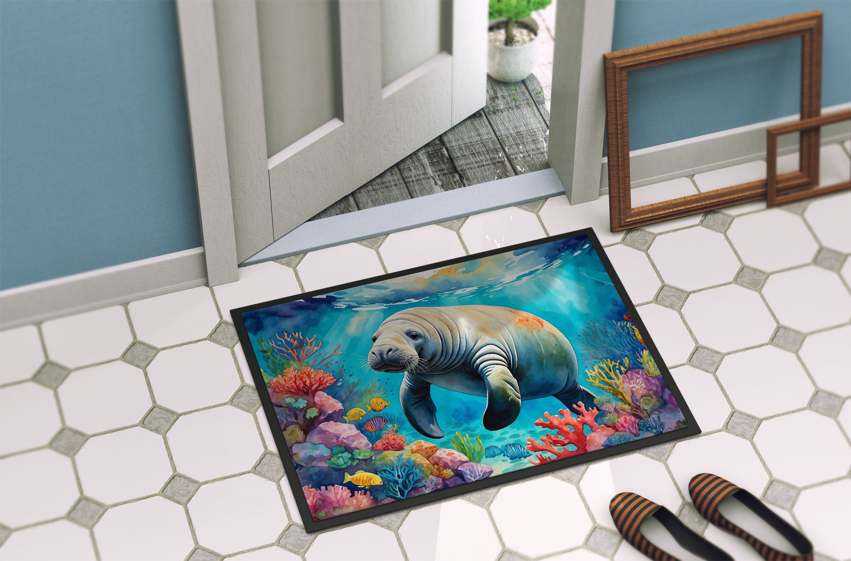Manatee and Coral Reefs Doormat Indoor Outdoor 18H X 27W Front Door Mat Rugs for Entryway, Non Slip Washable