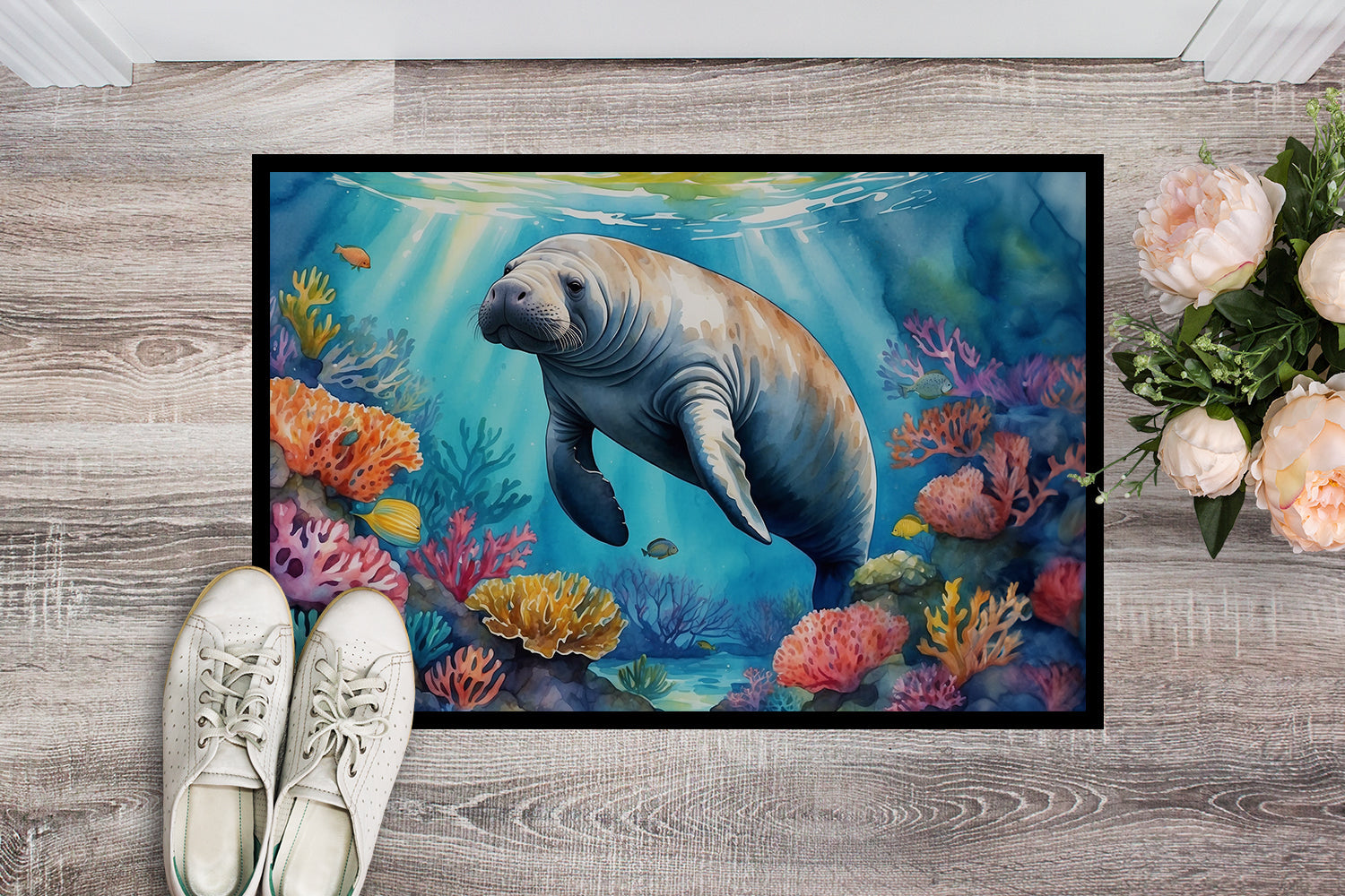 Manatee and Coral Reefs Doormat Indoor Outdoor 24H X 36W Front Door Mat Rugs for Entryway, Non Slip Washable Low Pile,