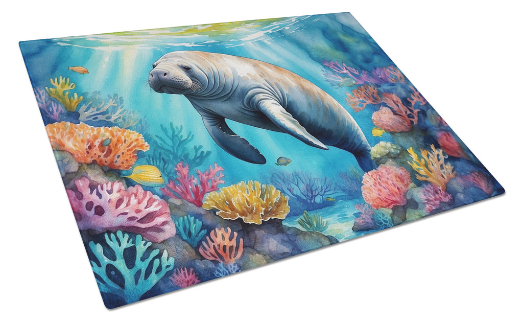 Manatee and Coral Reefs Cutting Board Tempered Glass Kitchen Cutting Surface, Heat Resistant Chopping, Non-Slip Feet, Food Prep & Serving