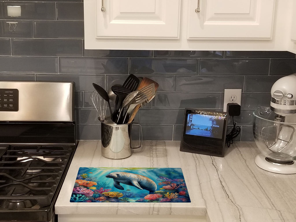 Manatee and Coral Reefs Cutting Board Tempered Glass Kitchen Cutting Surface, Heat Resistant Chopping, Non-Slip Feet, Food Prep & Serving