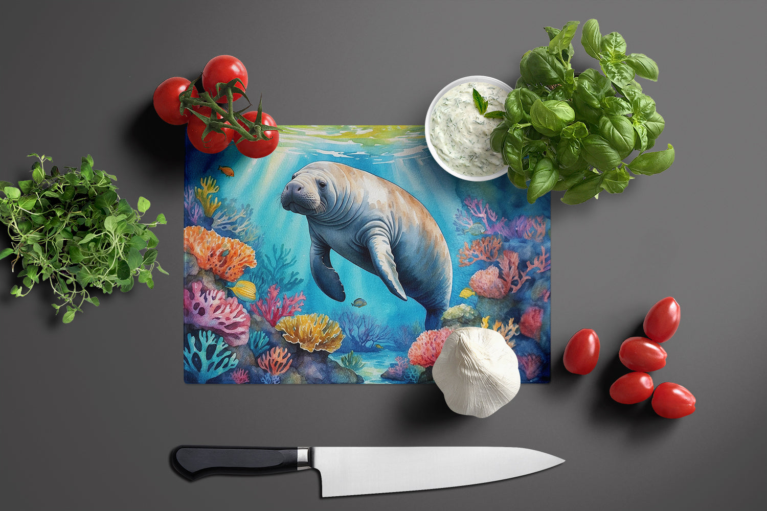 Manatee and Coral Reefs Cutting Board Tempered Glass Kitchen Cutting Surface, Heat Resistant Chopping, Non-Slip Feet, Food Prep & Serving