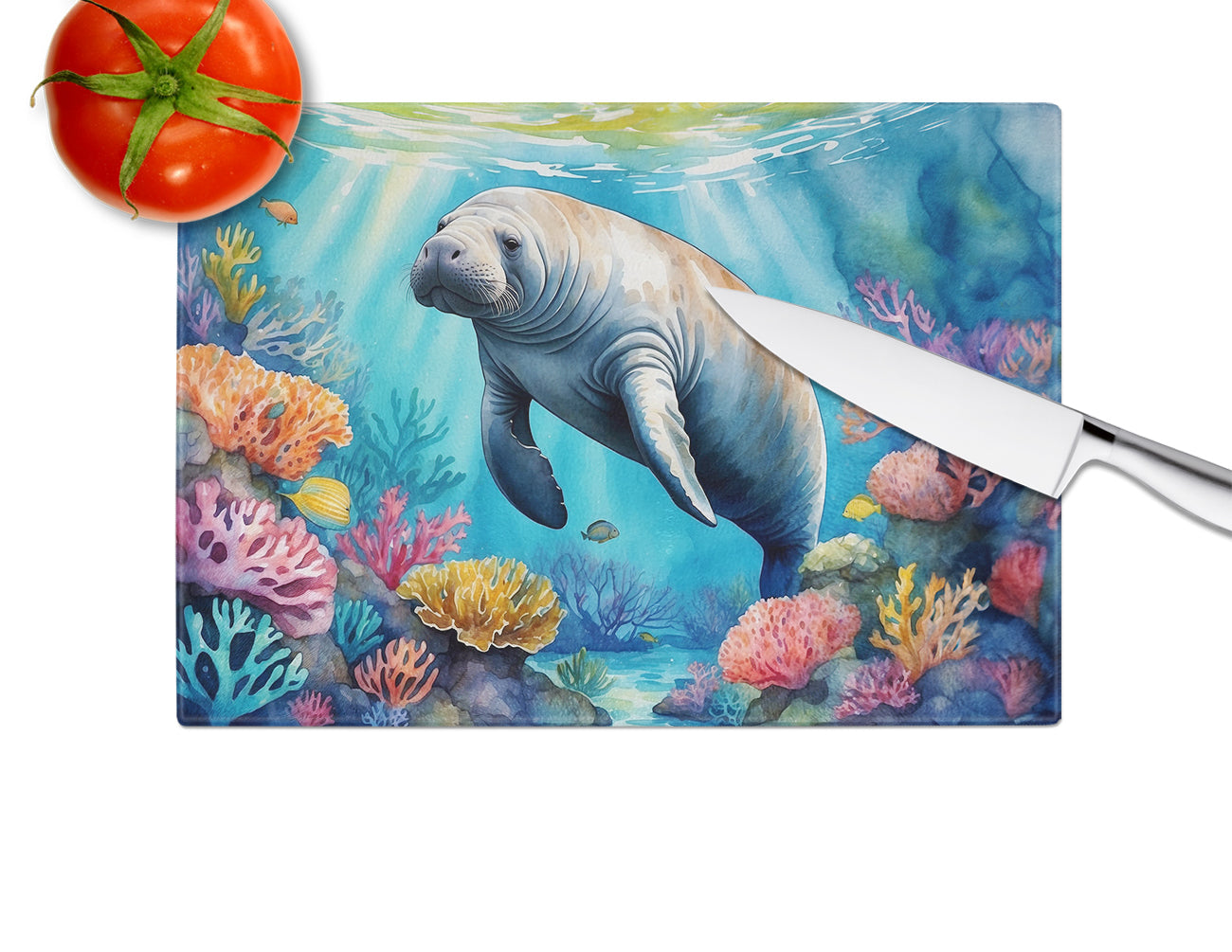 Manatee and Coral Reefs Cutting Board Tempered Glass Kitchen Cutting Surface, Heat Resistant Chopping, Non-Slip Feet, Food Prep & Serving