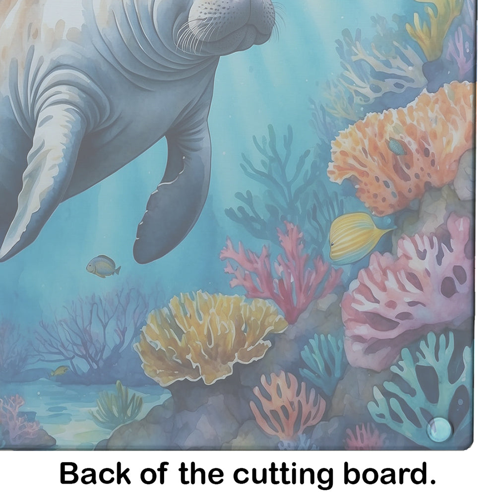 Manatee and Coral Reefs Cutting Board Tempered Glass Kitchen Cutting Surface, Heat Resistant Chopping, Non-Slip Feet, Food Prep & Serving