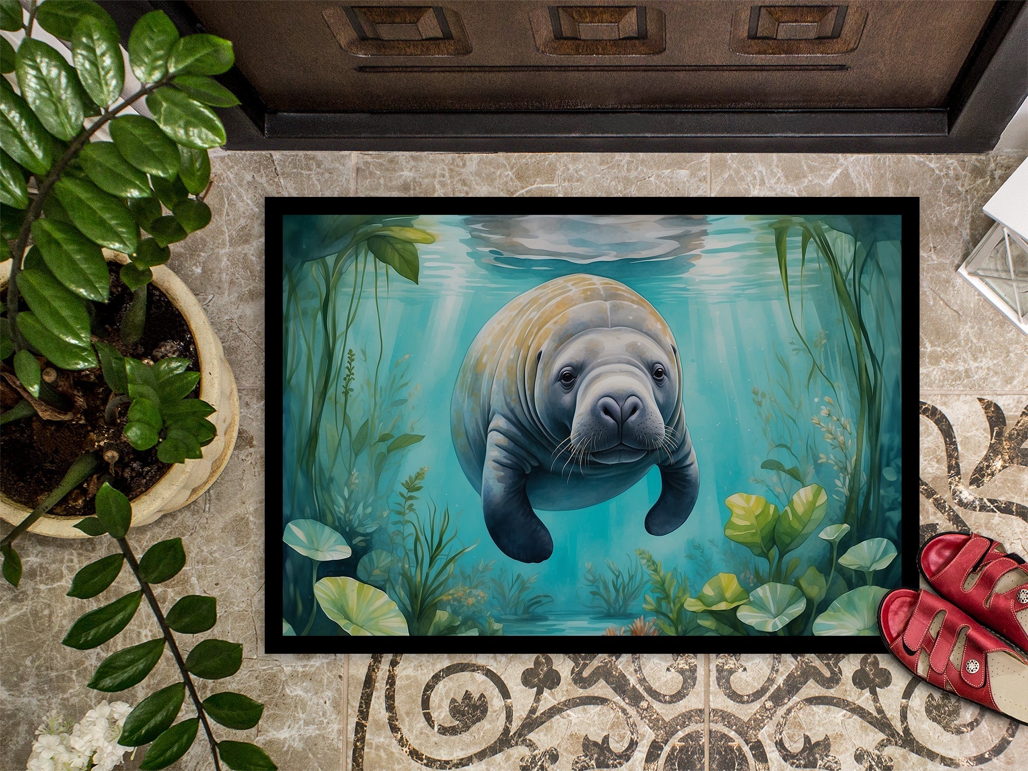 Manatee in a Crystal-Clear Spring Doormat Indoor Outdoor 24H X 36W Front Door Mat Rugs for Entryway, Non Slip Washable Low Pile,