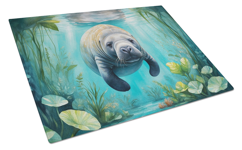 Manatee in a Crystal-Clear Spring Cutting Board Tempered Glass Kitchen Cutting Surface, Heat Resistant Chopping, Non-Slip Feet, Food Prep & Serving