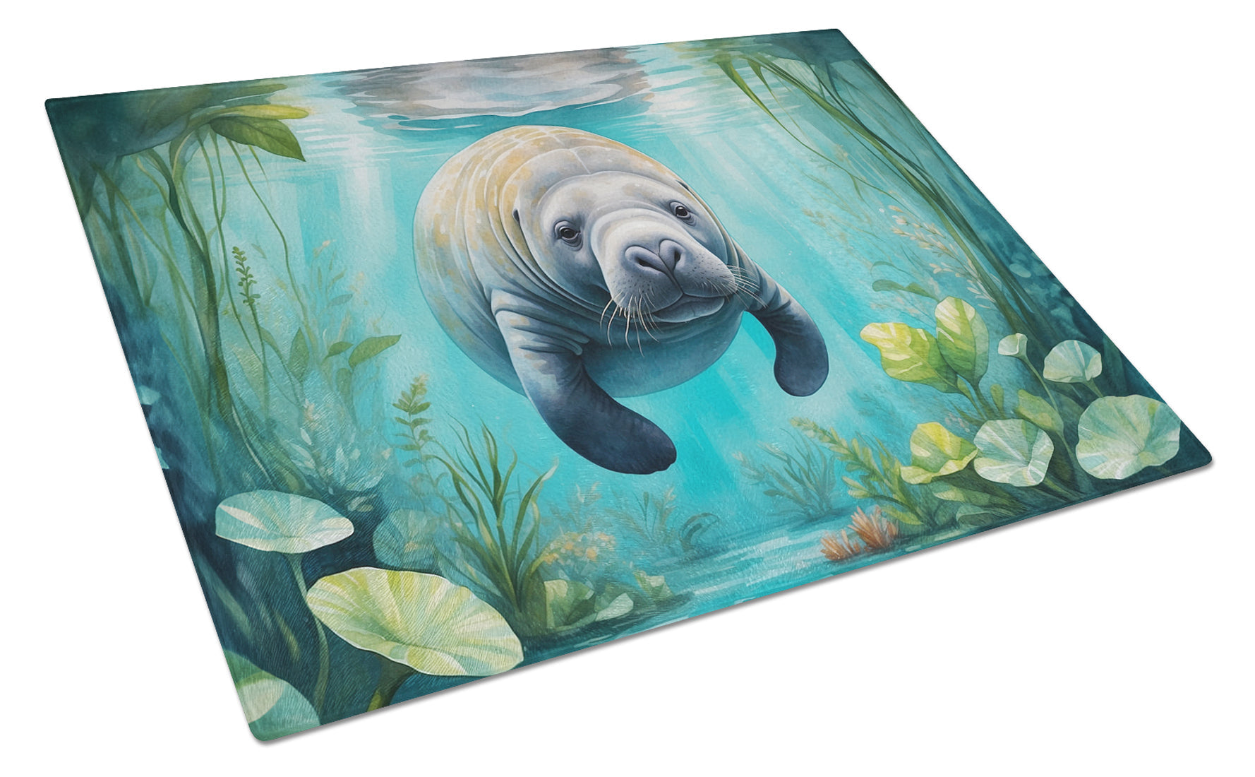 Manatee in a Crystal-Clear Spring Cutting Board Tempered Glass Kitchen Cutting Surface, Heat Resistant Chopping, Non-Slip Feet, Food Prep & Serving