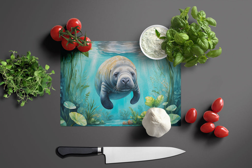 Manatee in a Crystal-Clear Spring Cutting Board Tempered Glass Kitchen Cutting Surface, Heat Resistant Chopping, Non-Slip Feet, Food Prep & Serving