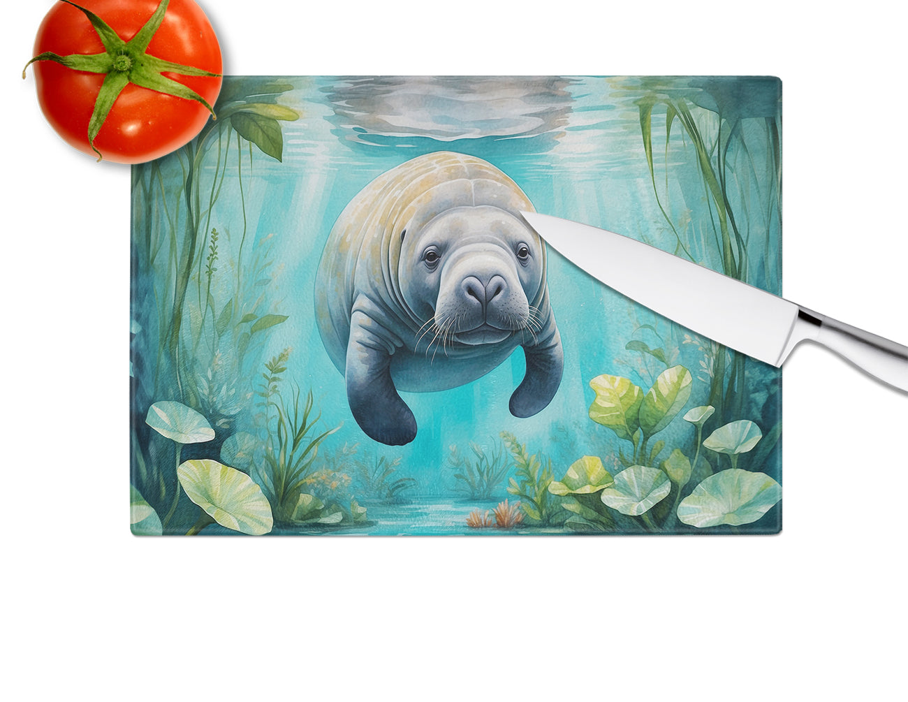 Manatee in a Crystal-Clear Spring Cutting Board Tempered Glass Kitchen Cutting Surface, Heat Resistant Chopping, Non-Slip Feet, Food Prep & Serving