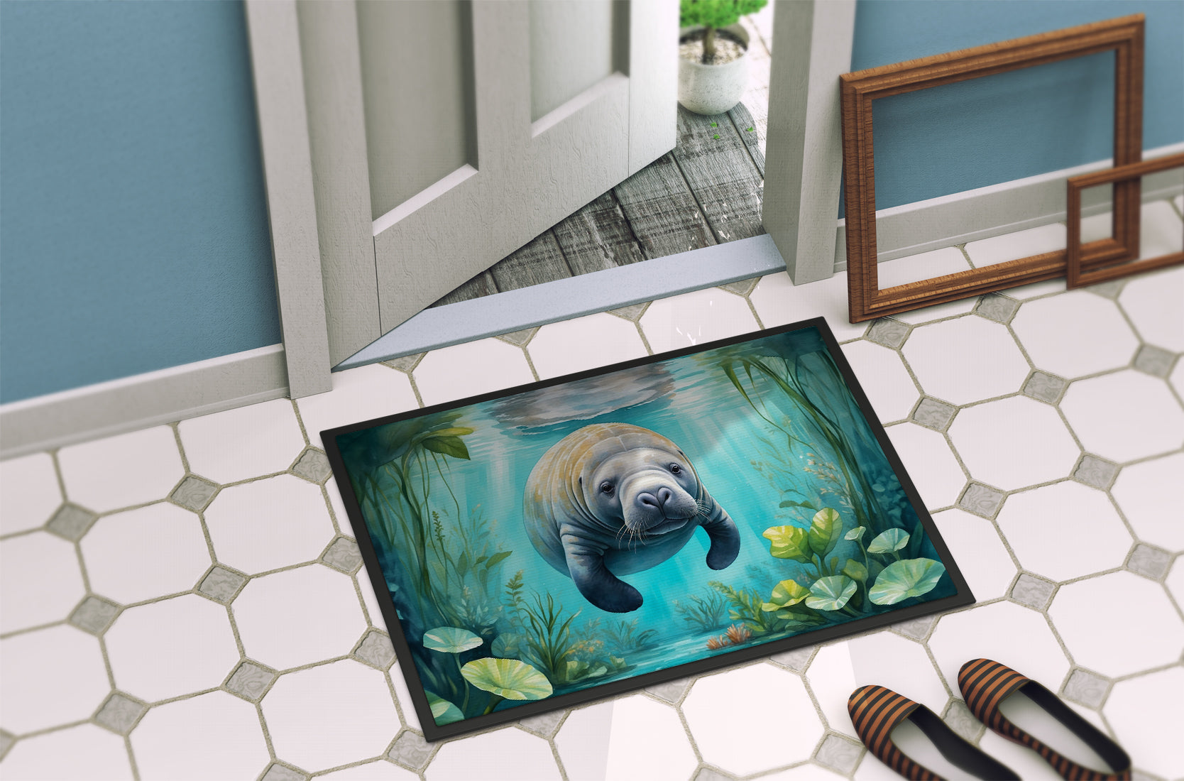 Manatee in a Crystal-Clear Spring Doormat Indoor Outdoor 18H X 27W Front Door Mat Rugs for Entryway, Non Slip Washable