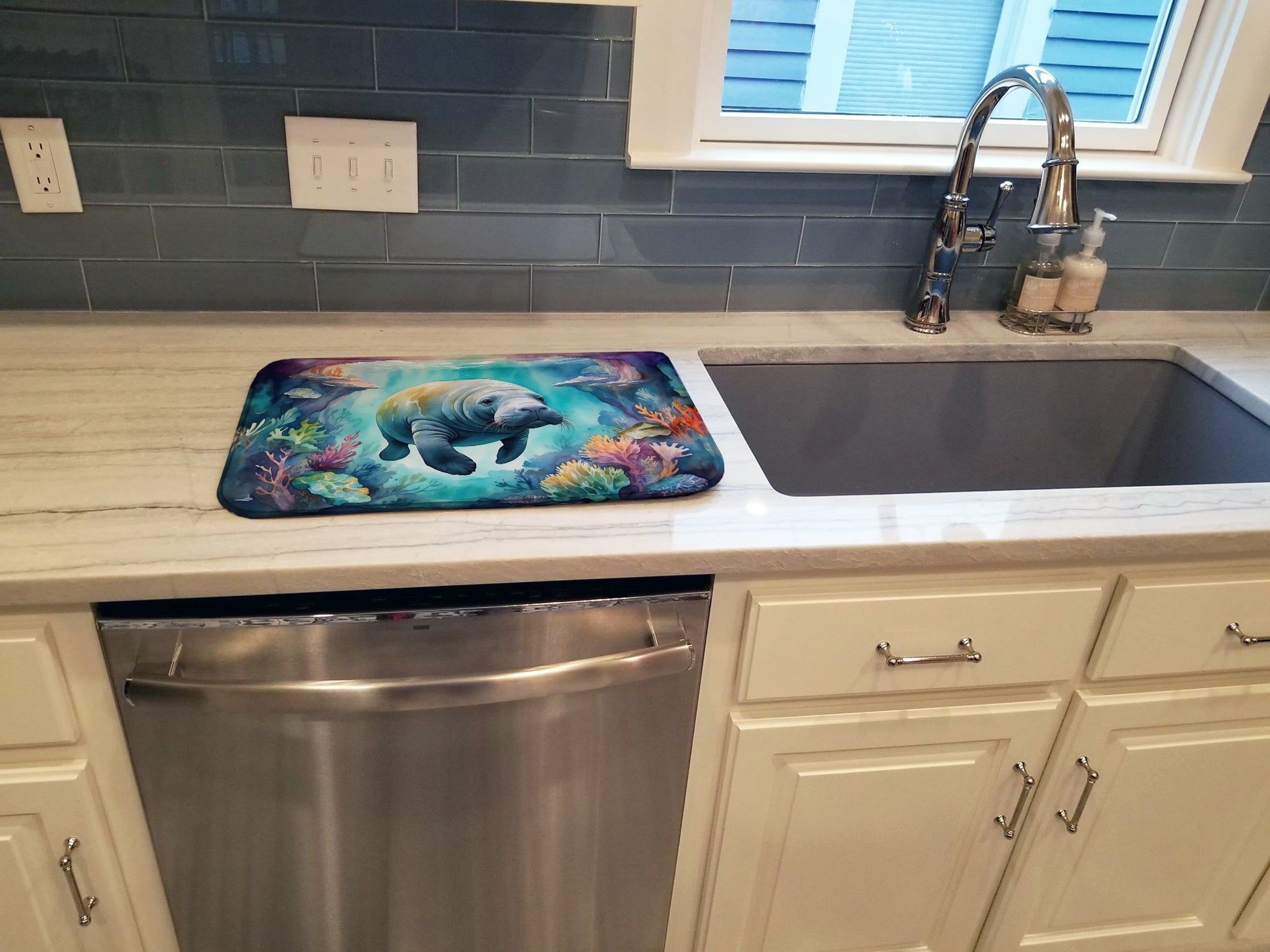 Manatee in a Dreamscape Dish Drying Mat Absorbent Dish Drying Mat Pad for Kitchen Counter Dish Drainer Mat for Countertop, 14 x 21", Multicolor