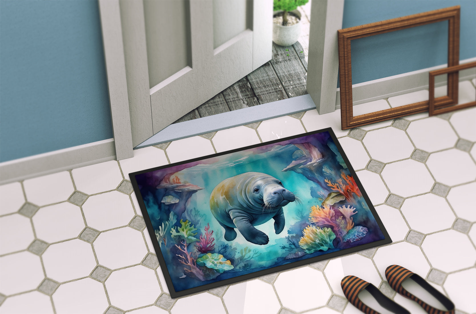 Manatee in a Dreamscape Doormat Indoor Outdoor 24H X 36W Front Door Mat Rugs for Entryway, Non Slip Washable Low Pile,