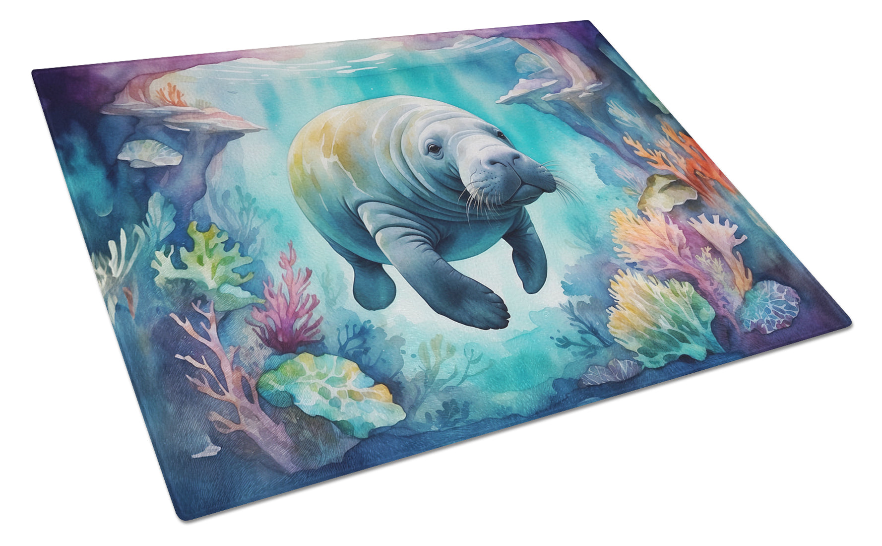 Manatee in a Dreamscape Cutting Board Tempered Glass Kitchen Cutting Surface, Heat Resistant Chopping, Non-Slip Feet, Food Prep & Serving