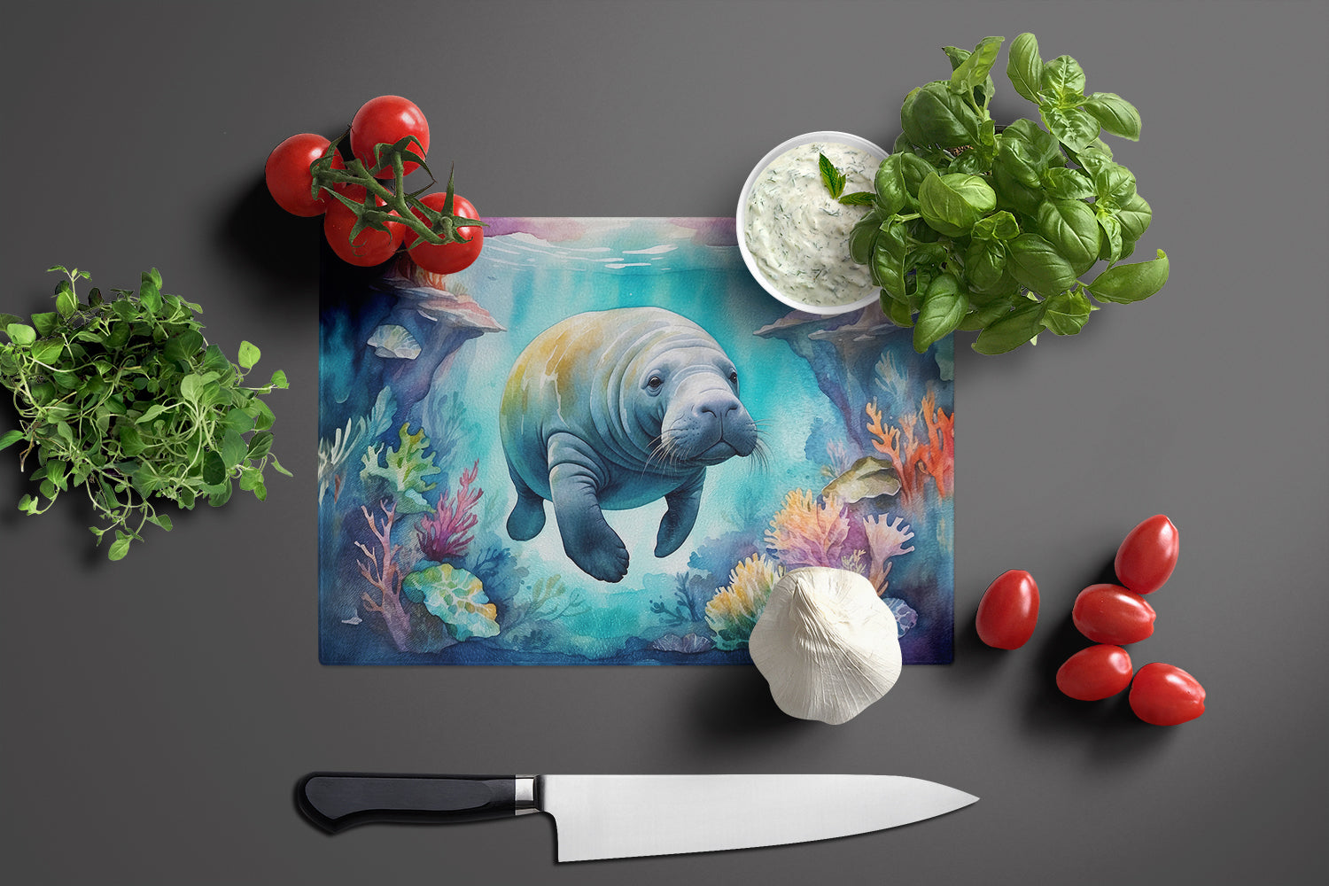 Manatee in a Dreamscape Cutting Board Tempered Glass Kitchen Cutting Surface, Heat Resistant Chopping, Non-Slip Feet, Food Prep & Serving