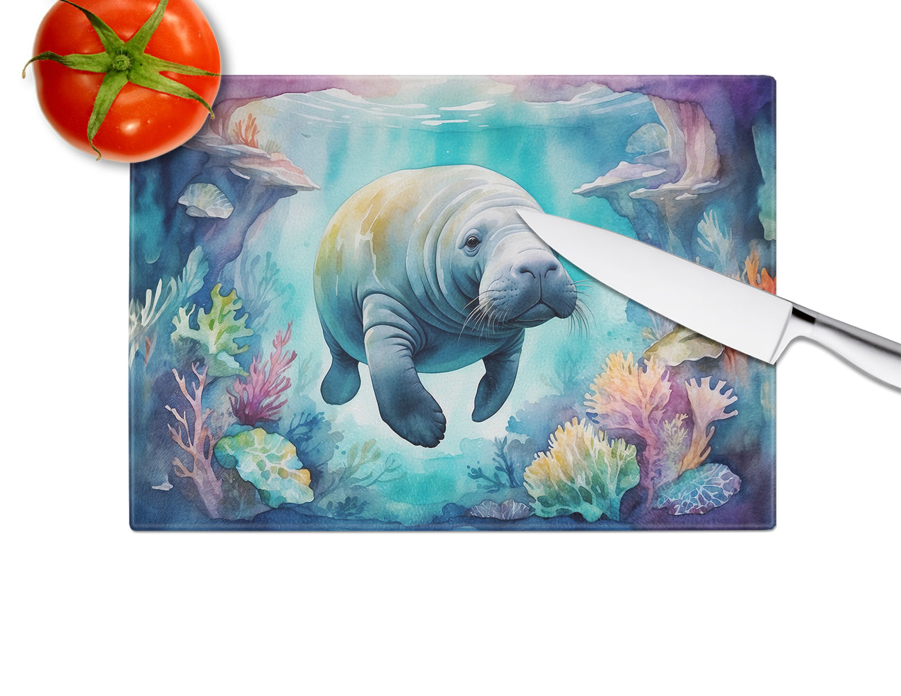 Manatee in a Dreamscape Cutting Board Tempered Glass Kitchen Cutting Surface, Heat Resistant Chopping, Non-Slip Feet, Food Prep & Serving