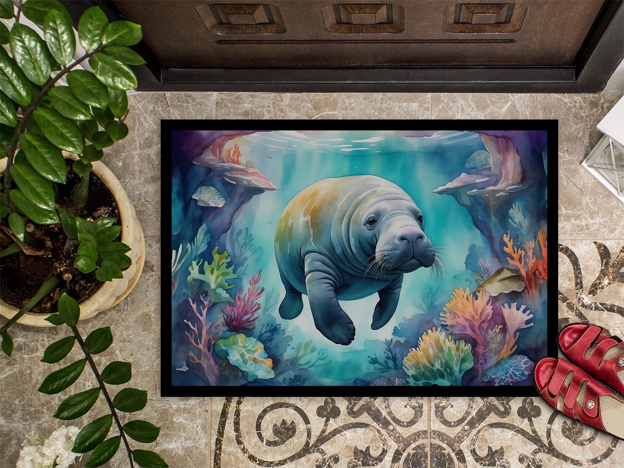 Manatee in a Dreamscape Doormat Indoor Outdoor 18H X 27W Front Door Mat Rugs for Entryway, Non Slip Washable