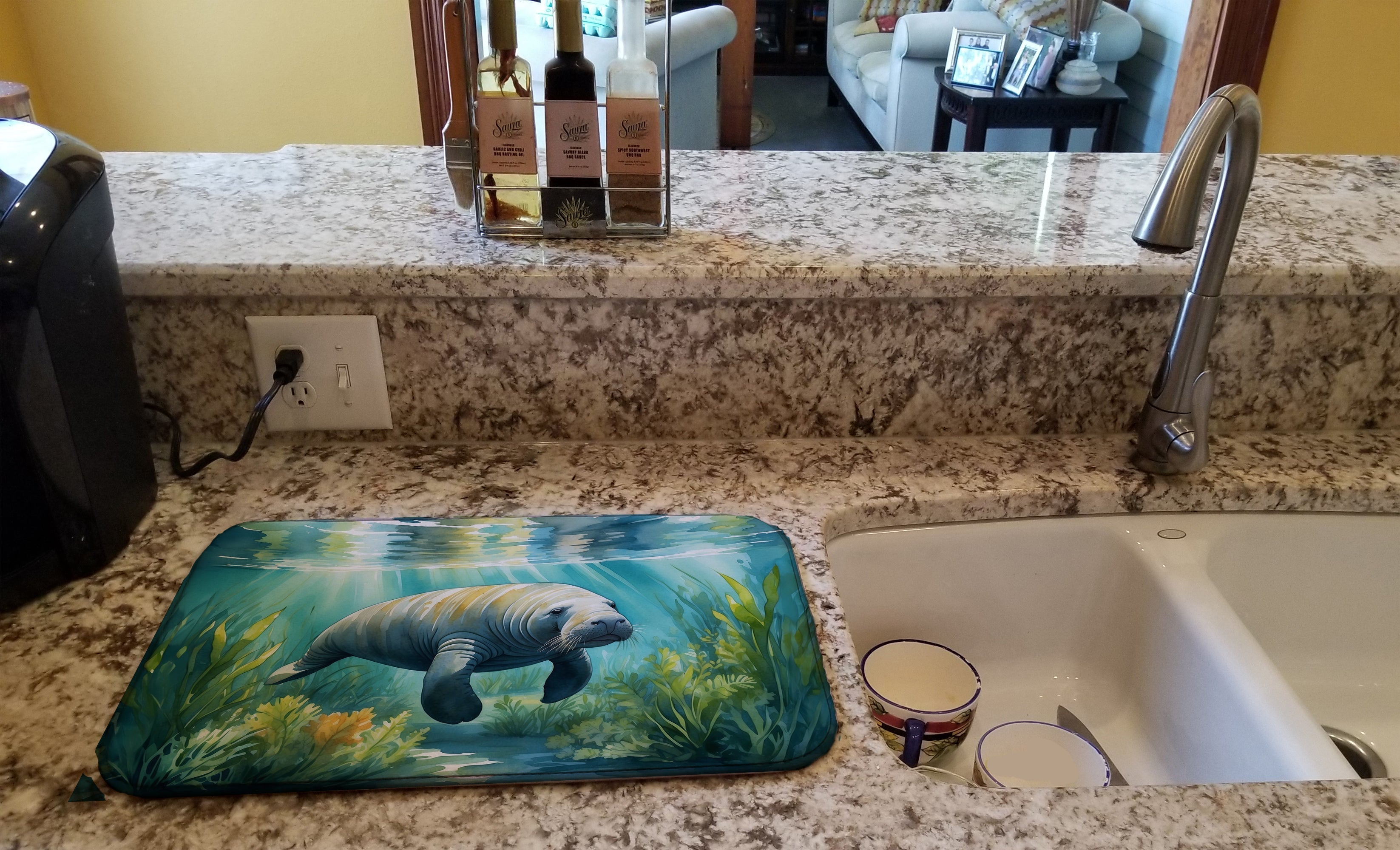 Manatee in a Seagrass Bed Dish Drying Mat Absorbent Dish Drying Mat Pad for Kitchen Counter Dish Drainer Mat for Countertop, 14 x 21", Multicolor