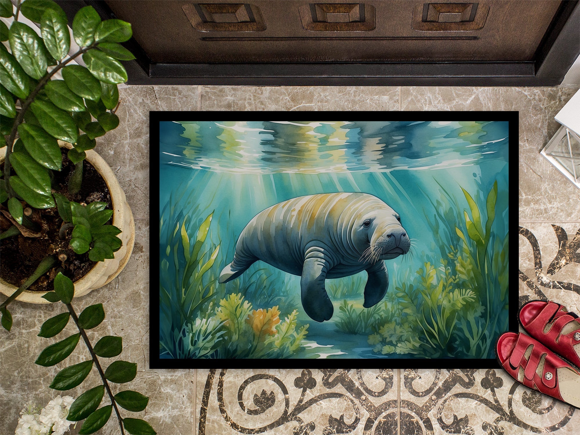 Manatee in a Seagrass Bed Doormat Indoor Outdoor 24H X 36W Front Door Mat Rugs for Entryway, Non Slip Washable Low Pile,