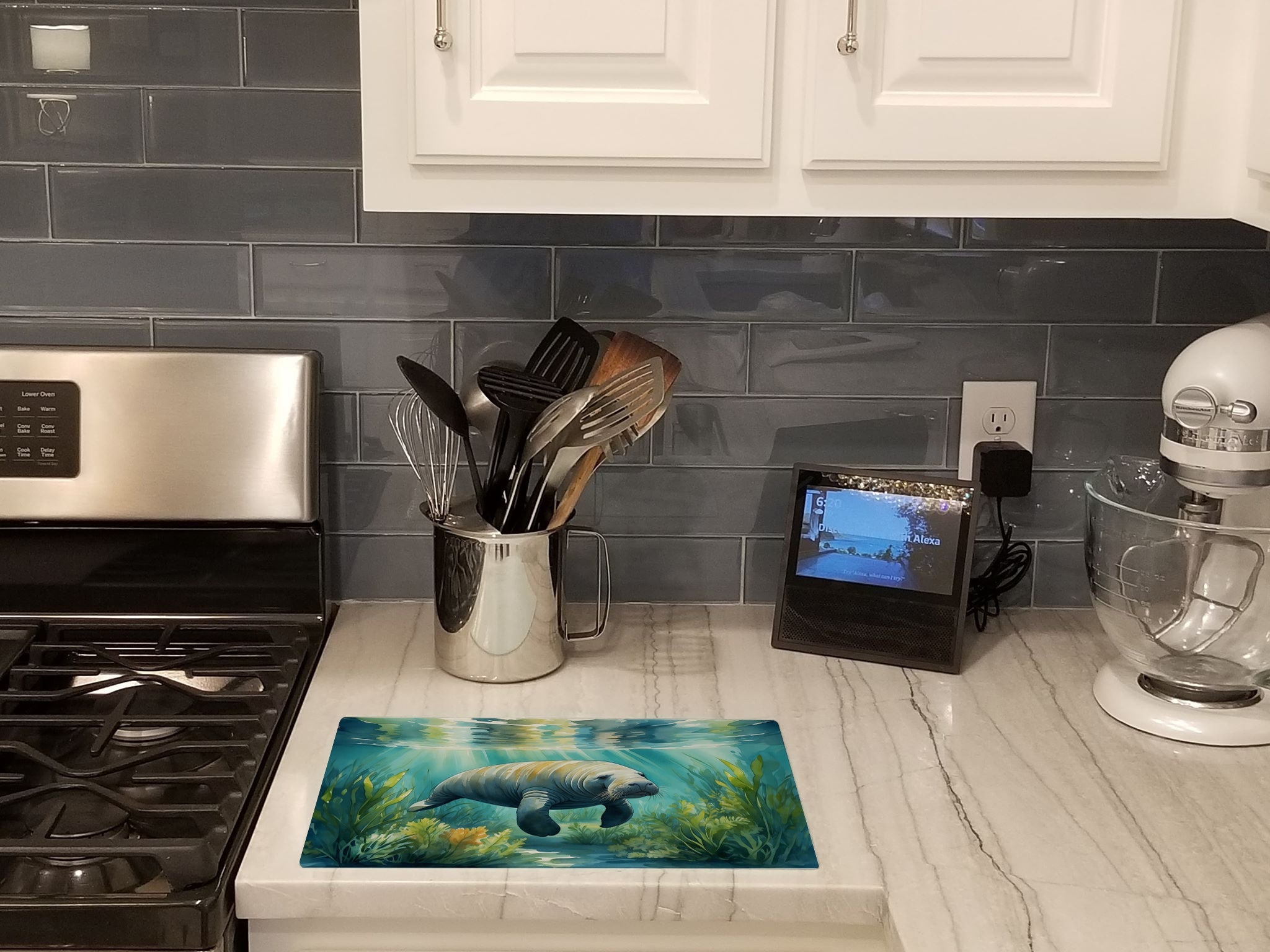 Manatee in a Seagrass Bed Cutting Board Tempered Glass Kitchen Cutting Surface, Heat Resistant Chopping, Non-Slip Feet, Food Prep & Serving