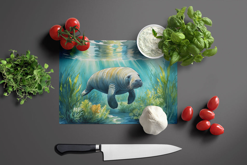 Manatee in a Seagrass Bed Cutting Board Tempered Glass Kitchen Cutting Surface, Heat Resistant Chopping, Non-Slip Feet, Food Prep & Serving