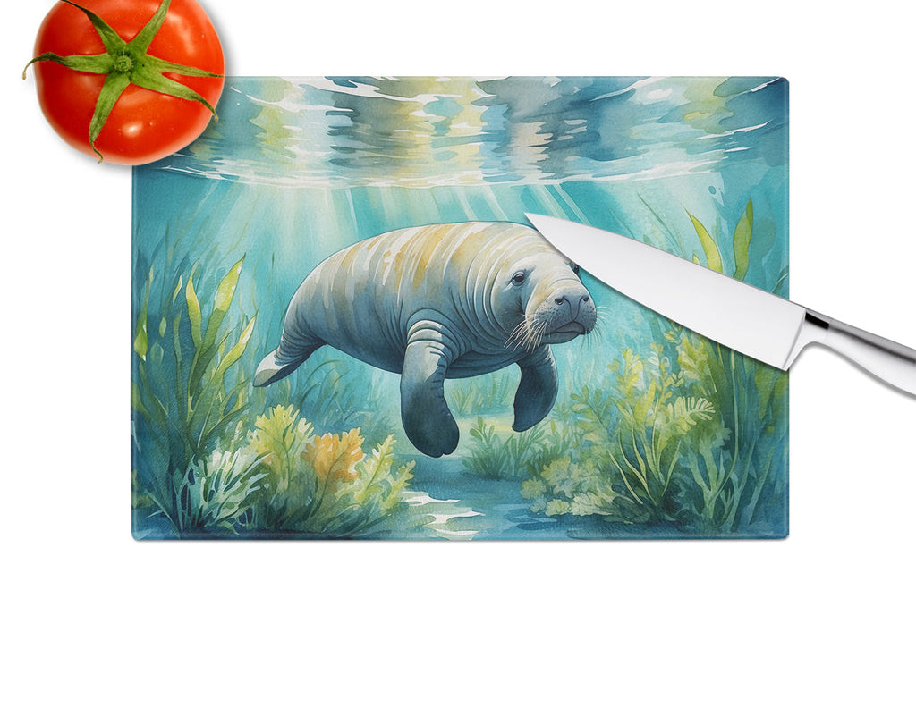 Manatee in a Seagrass Bed Cutting Board Tempered Glass Kitchen Cutting Surface, Heat Resistant Chopping, Non-Slip Feet, Food Prep & Serving