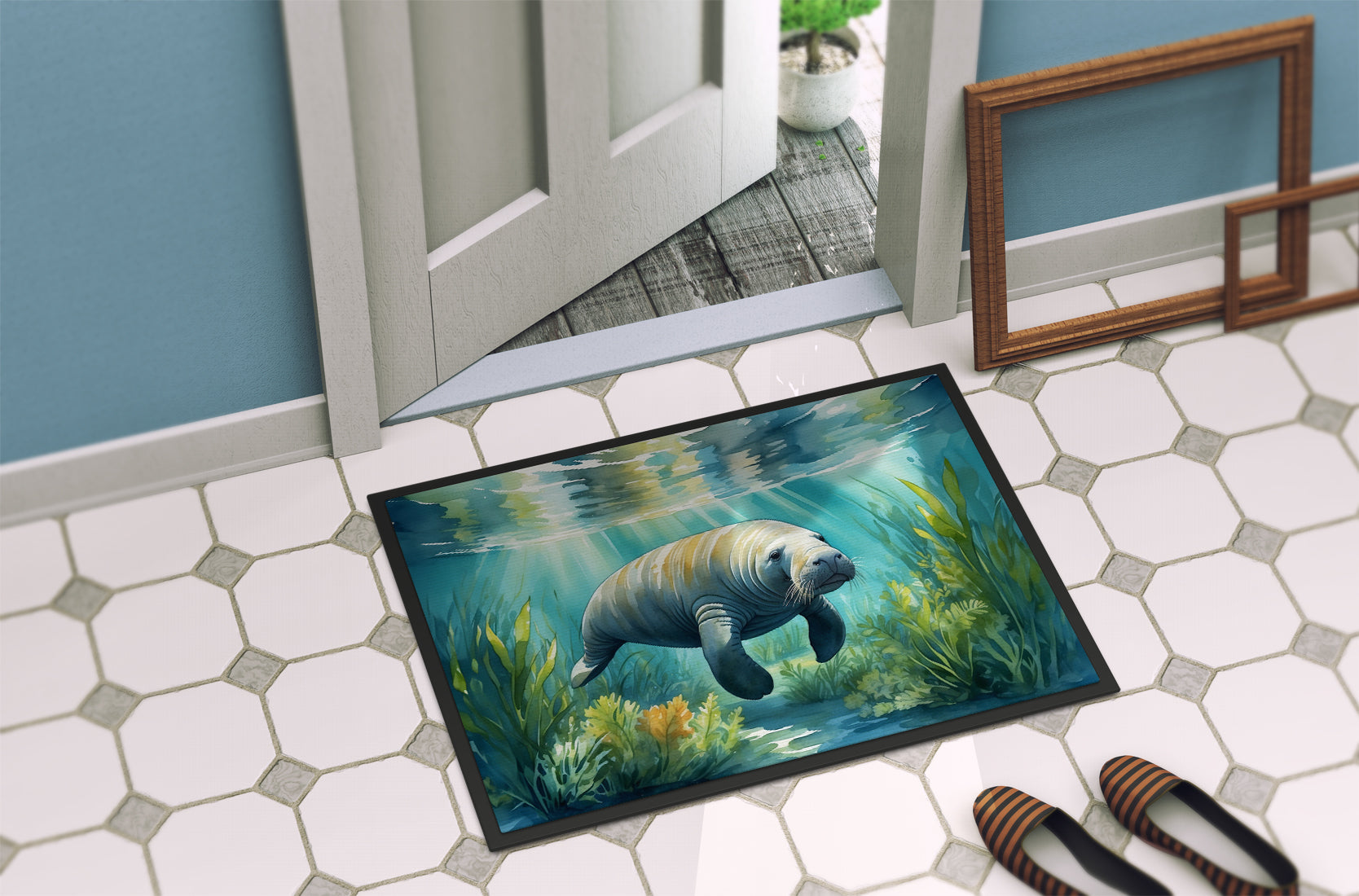 Manatee in a Seagrass Bed Doormat Indoor Outdoor 18H X 27W Front Door Mat Rugs for Entryway, Non Slip Washable