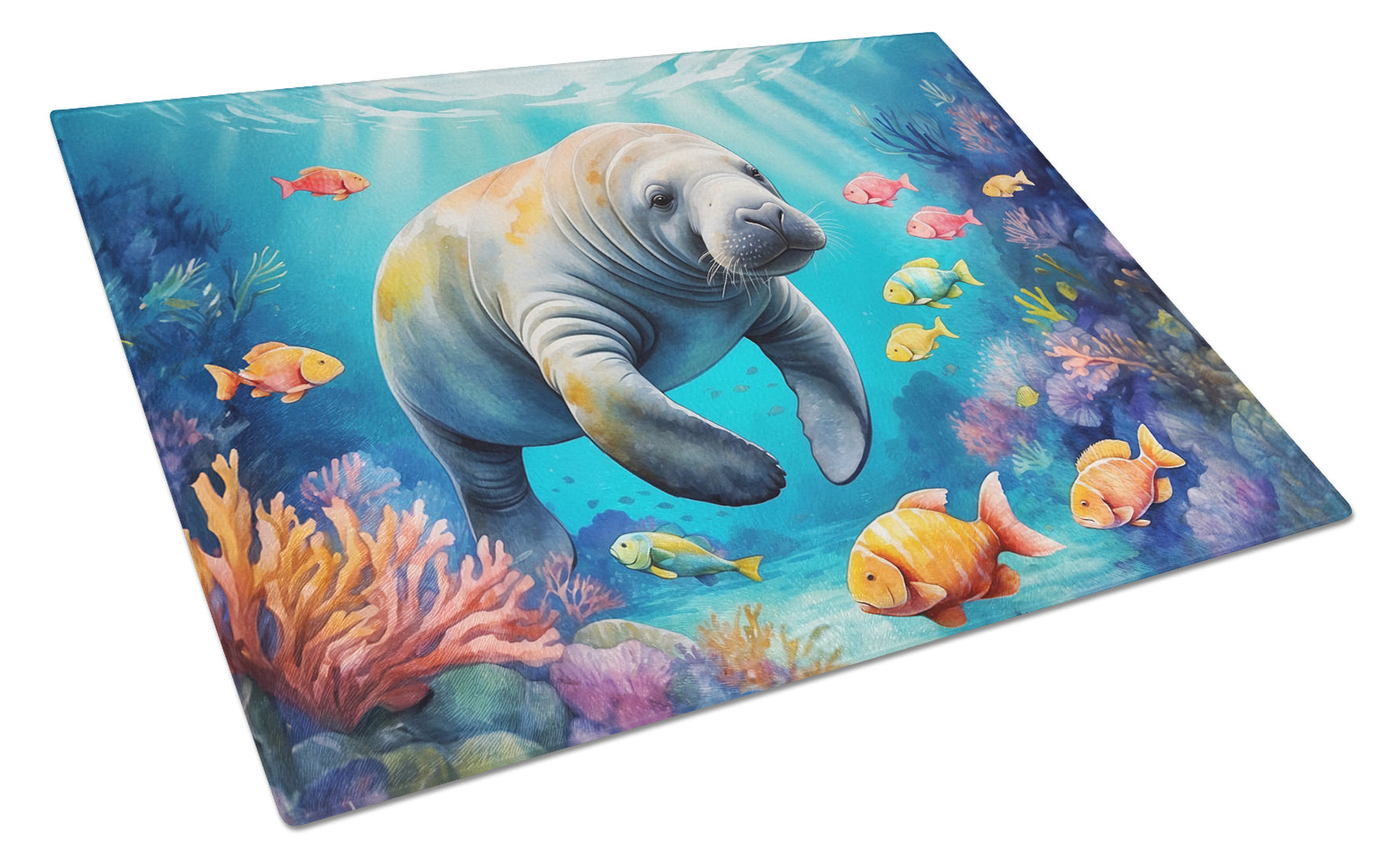 Summer Manatee Cutting Board Tempered Glass Kitchen Cutting Surface, Heat Resistant Chopping, Non-Slip Feet, Food Prep & Serving