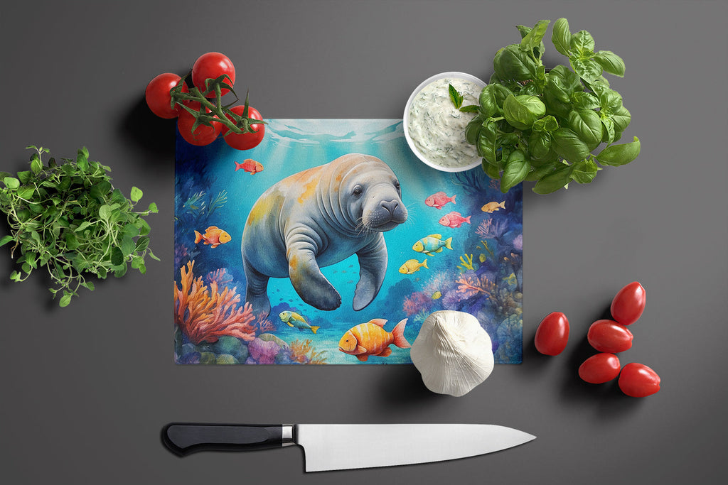 Summer Manatee Cutting Board Tempered Glass Kitchen Cutting Surface, Heat Resistant Chopping, Non-Slip Feet, Food Prep & Serving