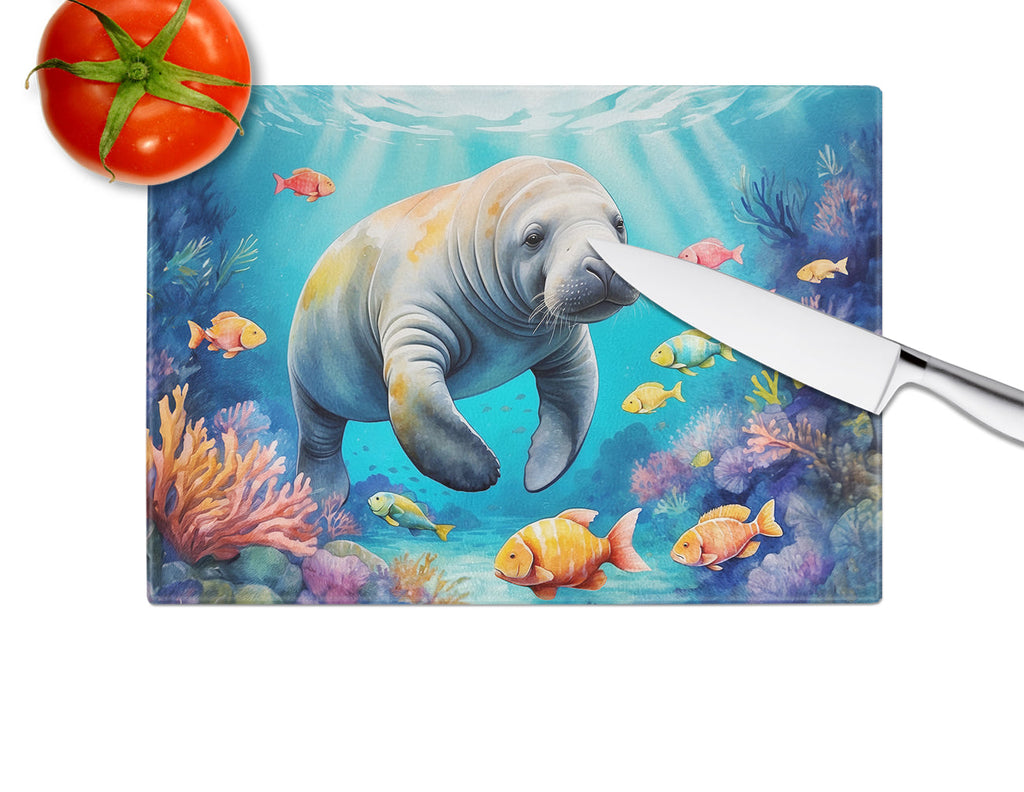 Summer Manatee Cutting Board Tempered Glass Kitchen Cutting Surface, Heat Resistant Chopping, Non-Slip Feet, Food Prep & Serving