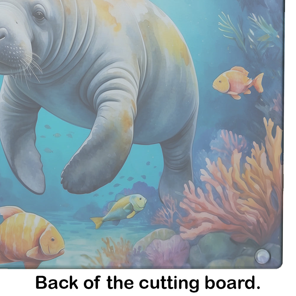 Summer Manatee Cutting Board Tempered Glass Kitchen Cutting Surface, Heat Resistant Chopping, Non-Slip Feet, Food Prep & Serving