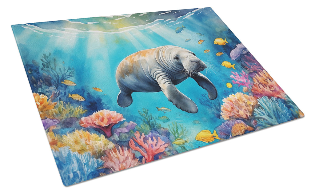 Summer Manatee Cutting Board Tempered Glass Kitchen Cutting Surface, Heat Resistant Chopping, Non-Slip Feet, Food Prep & Serving