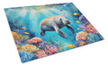 Summer Manatee Cutting Board Tempered Glass Kitchen Cutting Surface, Heat Resistant Chopping, Non-Slip Feet, Food Prep & Serving