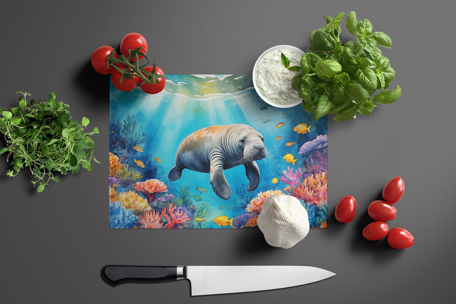 Summer Manatee Cutting Board Tempered Glass Kitchen Cutting Surface, Heat Resistant Chopping, Non-Slip Feet, Food Prep & Serving