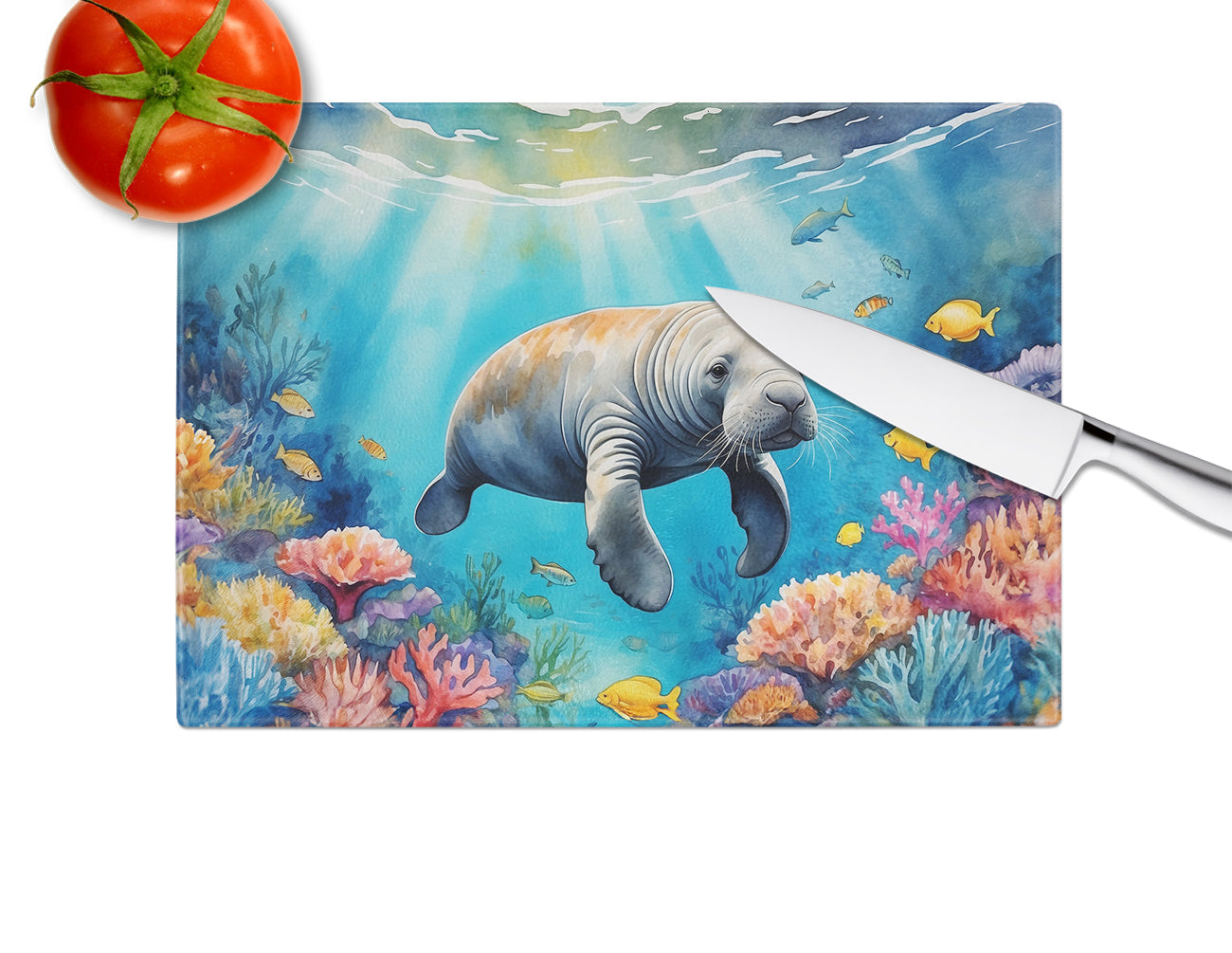 Summer Manatee Cutting Board Tempered Glass Kitchen Cutting Surface, Heat Resistant Chopping, Non-Slip Feet, Food Prep & Serving