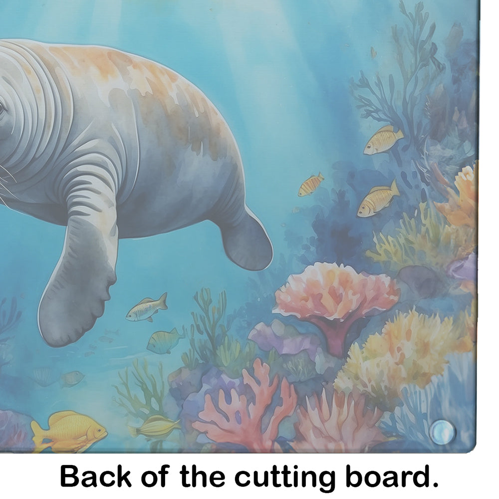 Summer Manatee Cutting Board Tempered Glass Kitchen Cutting Surface, Heat Resistant Chopping, Non-Slip Feet, Food Prep & Serving