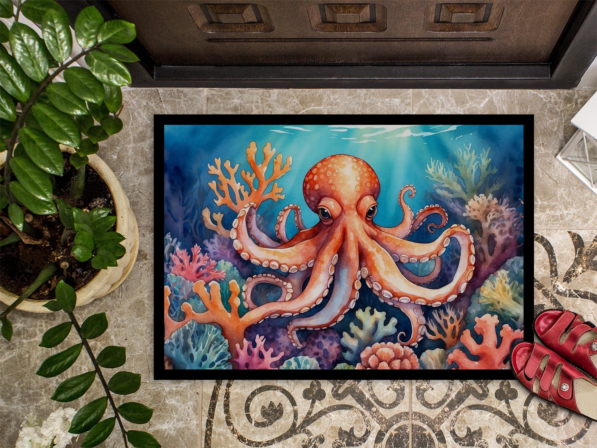 Octopus Among Coral Doormat Indoor Outdoor 24H X 36W Front Door Mat Rugs for Entryway, Non Slip Washable Low Pile,