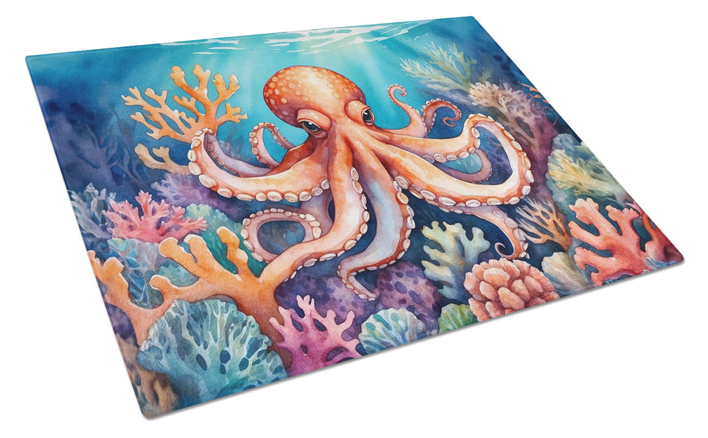 Octopus Among Coral Cutting Board Tempered Glass Kitchen Cutting Surface, Heat Resistant Chopping, Non-Slip Feet, Food Prep & Serving