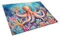 Octopus Among Coral Cutting Board Tempered Glass Kitchen Cutting Surface, Heat Resistant Chopping, Non-Slip Feet, Food Prep & Serving