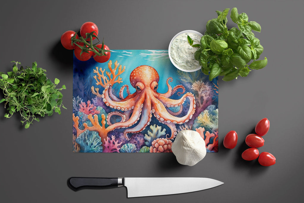 Octopus Among Coral Cutting Board Tempered Glass Kitchen Cutting Surface, Heat Resistant Chopping, Non-Slip Feet, Food Prep & Serving