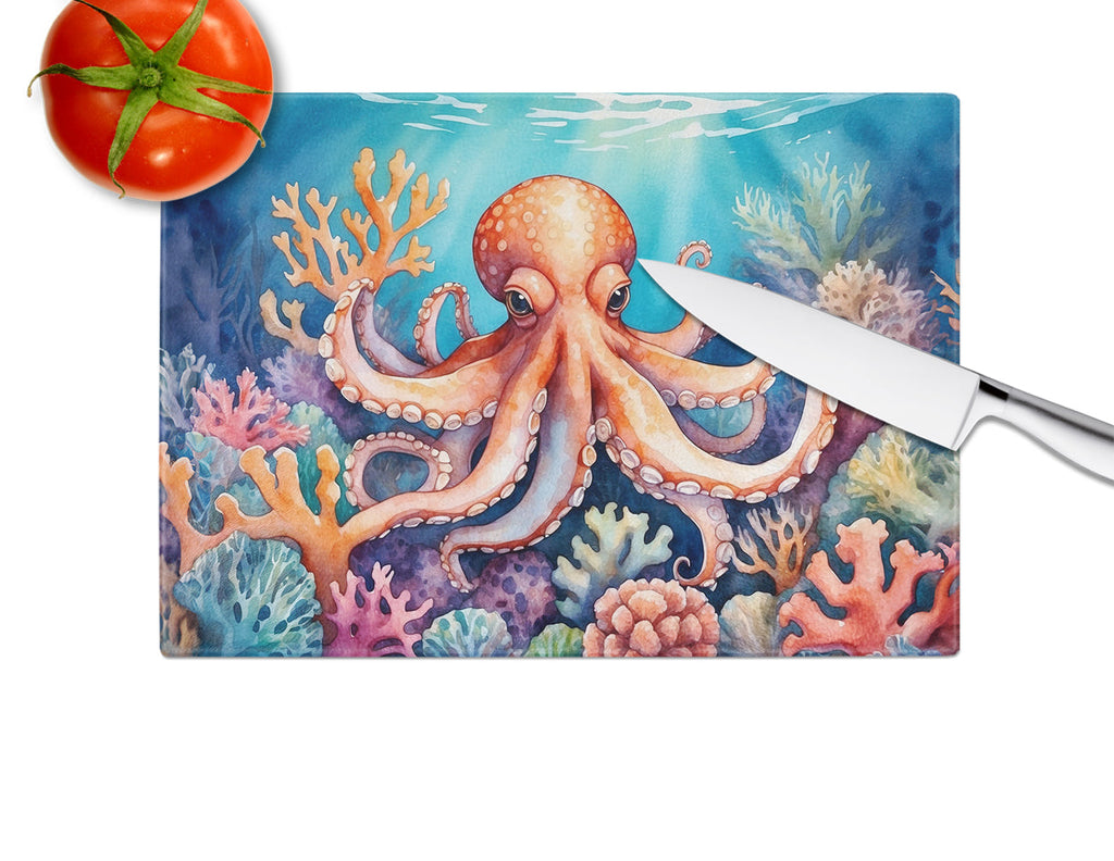 Octopus Among Coral Cutting Board Tempered Glass Kitchen Cutting Surface, Heat Resistant Chopping, Non-Slip Feet, Food Prep & Serving